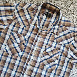 High Noon Mens Pearl Snap Shirt Size XL Brown Plaid Short Sleeve Western Country
